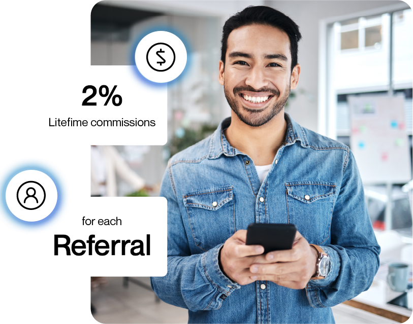 A graphic illustrating the referral program and earning potential